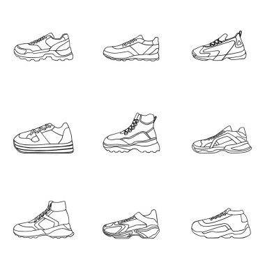 Spor ayakkabısı vektör simgesi seti. Beyaz arka planda doğrusal siyah ayakkabılar. Spor ve spor için basit bir illüstrasyon, spor ayakkabısı. Dükkan grafiklerini imzala