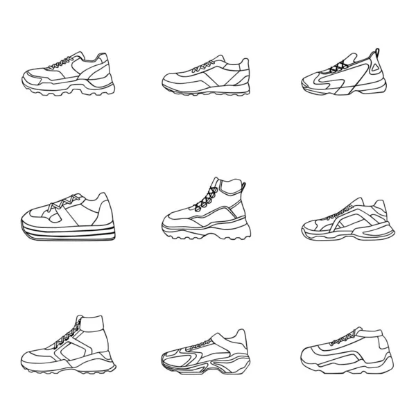 Σύνολο Sneakers Vector Icon Γραμμικά Μαύρα Παπούτσια Λευκό Φόντο Απλή — Διανυσματικό Αρχείο