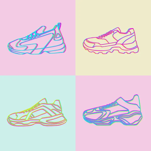 一套运动鞋病媒Icon 粉色蓝色和黄色背景的明亮的霓虹灯直线鞋 健身和运动的简单例证 运动鞋 签名店图形 — 图库矢量图片