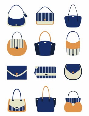 Beyaz arka planda detaylı mavi, beyaz, bej kadın çantası. İzole vektör düz çizim. Kadın çantası ya da çantası seti. Güzellik ve zarafet koleksiyonu