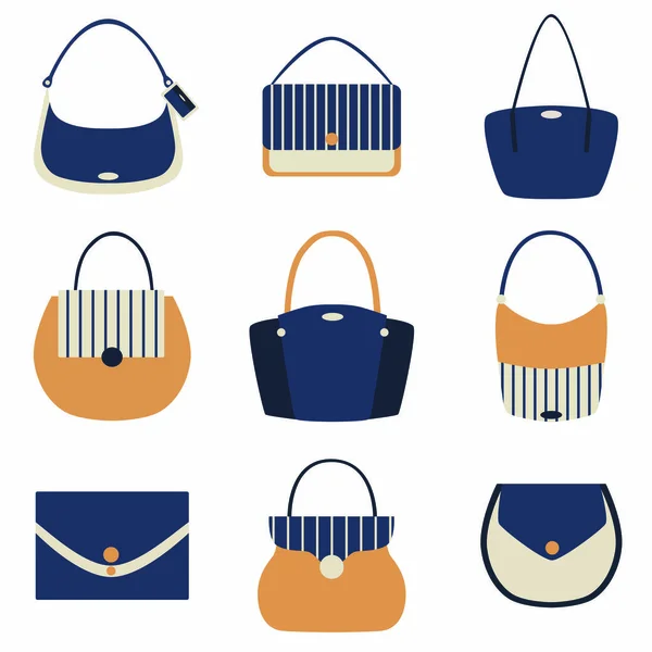 Sac Main Féminin Détaillé Bleu Blanc Beige Sur Fond Blanc — Image vectorielle