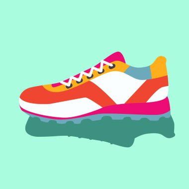 Renkli, parlak, pembe, mavi, turuncu spor ayakkabılar. Vektör düz çizim. Spor ve spor ayakkabısının basit bir çizimi. Dükkan grafiklerini imzala