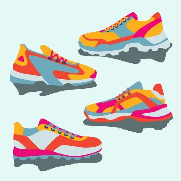 Set Colorful Bright Yellow Pink Blue Orange Sneakers Vector Flat — Stock Vector