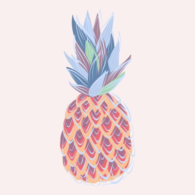 Vektör tropikal gıda çizimi. Renkli parlak ananas. Yeşil mavi pembe ve sarı meyve