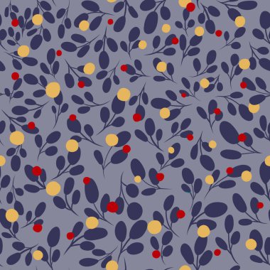 Vektör çiçek deseni. Kırmızı ve sarı elementli mavi el yapımı yapraklar. Doğa dokusu. Soyut arkaplan