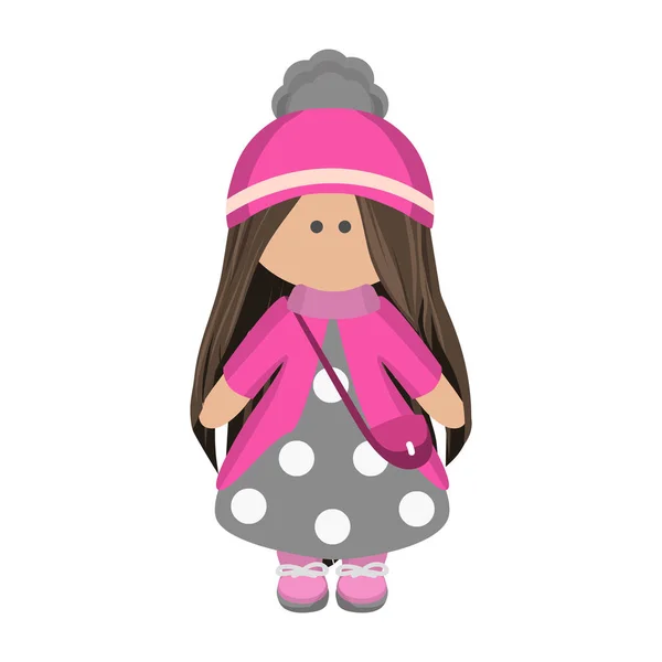 Χαριτωμένο Κορίτσι Κούκλα Μακριά Καστανά Μαλλιά Ένα Πλεκτό Ροζ Καπέλο — Διανυσματικό Αρχείο