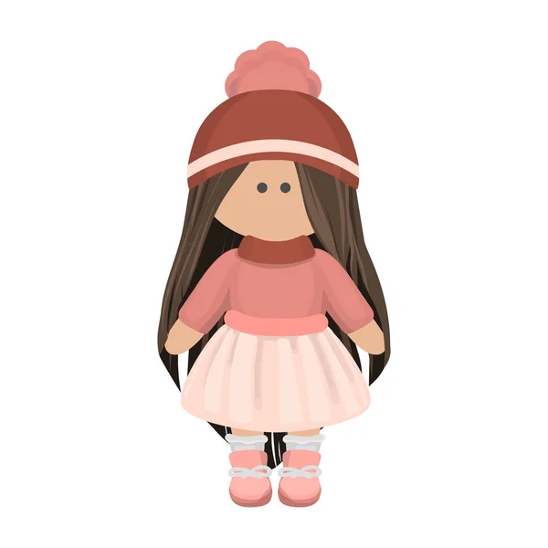 Χαριτωμένο Κορίτσι Κούκλα Μακριά Καστανά Μαλλιά Ένα Πλεκτό Καπέλο Ροζ — Διανυσματικό Αρχείο