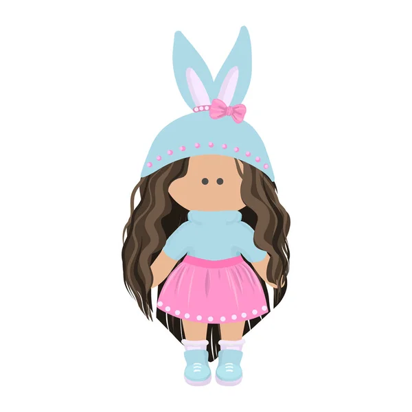 Cute Girl Doll Long Brunette Curly Hair Knitted Hat Bunny — Stock Vector