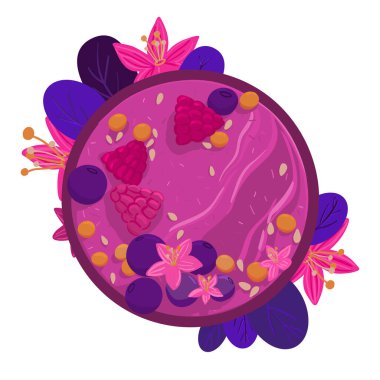 Acai smoothie kasesi ahududu, yaban mersini, çiçekli üst manzara. Sağlıklı doğal kahvaltı. Beyaz arka planda izole bir kasede meyveli smoothie. Vektör el çizimi resimleme