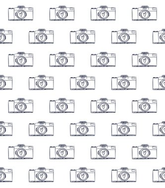 Kusursuz desen. Retro Kamera Simgesi Beyaz Arkaplanda izole edildi. Vektör el çizimi. Satır Biçimi.