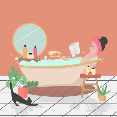 Kadın köpükle banyo yapıyor. Küvette sabun köpüğü dolu bir kitapla banyoda dinlenen bir kız. Düz stil vektör çizimi. Hijyen ve güzellik. Evdeki Spa Prosedürleri