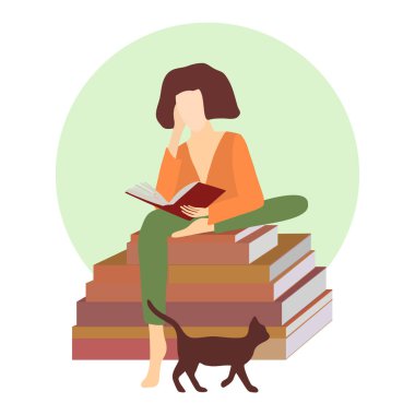  Kitabı olan genç bir kadın kedisiyle kitap yığınının üzerinde oturuyor. Vektör stili düz çizim. Okuyan kız. Eğitim ve okul, öğrenim ve edebiyat. Kağıt kitap kullanarak sınav hazırlığı.