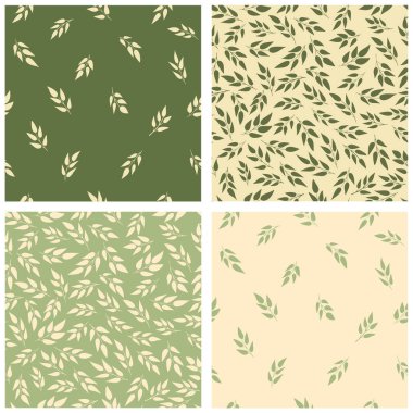  Dört Basit Çiçek Vektörü Kusursuz Örnekleri. Yeşil, bej yapraklar arka planda. Hoş Tekrarlanabilir Bahar Düzenlemeleri. Yumuşak Yeşil Soyut Düşen Dallar.
