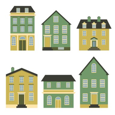Evin önü görünüyor. Şehir ve banliyö evi, şehir evi ve kır evi ikonları koleksiyonu. İzole vektör illüstrasyonu