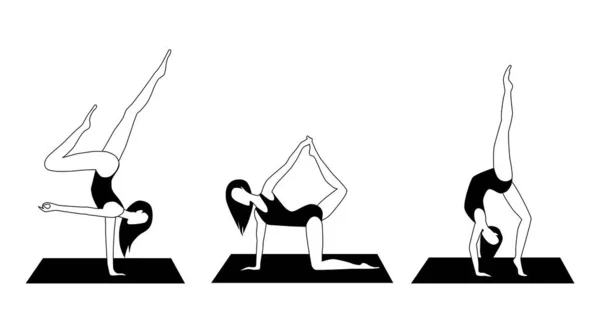 Yoga Aktivität Silhouetten Frauen Beim Yoga Verschiedene Asanas Schwarz Weiße — Stockvektor