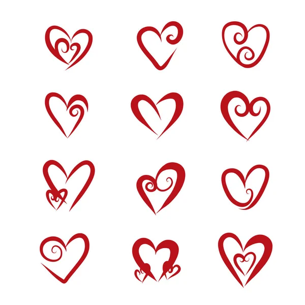 Heart Symbols Isolated White Background Red Hand Drawn Icons Love — Stock Vector