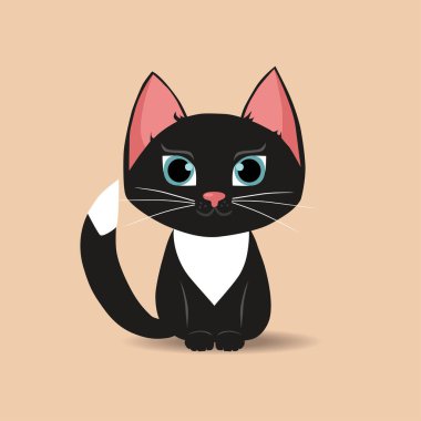 Bej arka planda izole edilmiş büyük mavi gözlü kara kedi. Şirin çizgi film kedisi. Sevimli küçük kedi. Oyuncu evcil hayvan. Vektör illüstrasyonu.