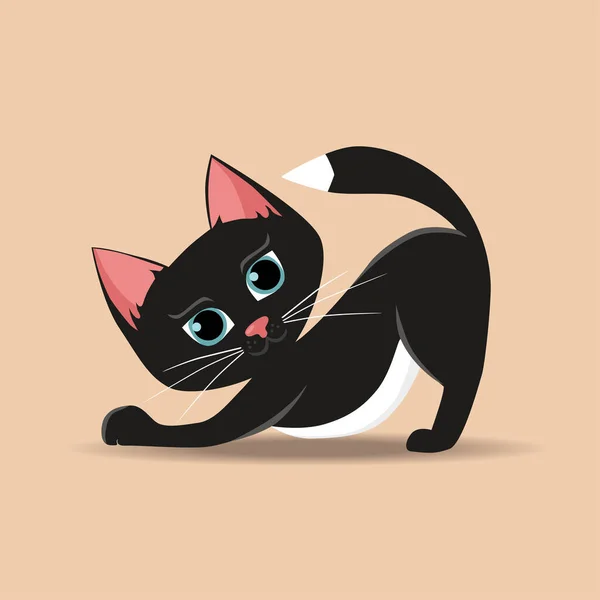 Black Cat Big Blue Eyes Isolated Beige Background Cute Cartoon — Stock Vector