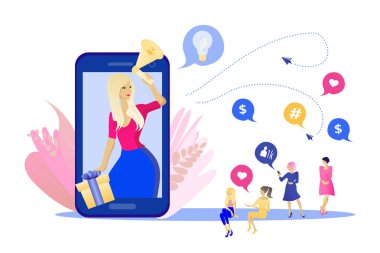 Sosyal medya pazarlama konseptini etkiliyor. Etki lideri. Hoparlörlü güzellik blogcusu kadın mobil ekrandan yayın yapıyor. Tavsiye pazarlama kavramı. Tüketici grubu.