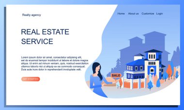 Emlak hizmeti konsepti. Kadın emlakçıyla kır evi manzarası. Web Tasarım İniş Şablonu