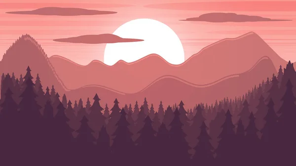 Vector landscape. Pink sunset in the mountains above the forest. Stock background. — Stock Vector