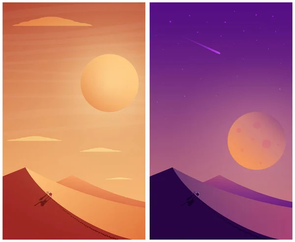 Viajero Desierto Desierto Día Noche Paisaje Vectorial Fondos Naranja Púrpura — Vector de stock