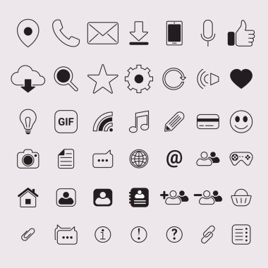 42 Contact Us web simgelerinden oluşan bir set. Taslak simge koleksiyonu. Sohbet, destek, mesaj, telefon. Basit vektör illüstrasyonu.