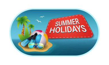WebSummer tatili. Üzerinde palmiye ağaçları, top, yüzgeçler, güneş gözlükleri olan okyanustaki bir ada resmi olan etiket..