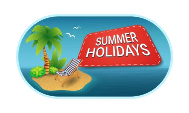 Yaz tatili. Üzerinde palmiye ağacı, güneş gözlüğü ve plaj yatağı olan okyanus manzaralı bir ada..