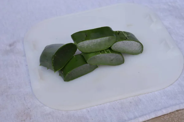 Aloe Vera Kousky Listí Dužniny Izolované Bílém Pozadí — Stock fotografie