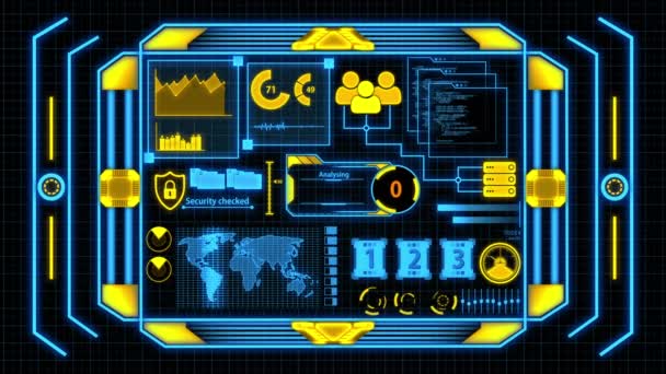 带有橙色和蓝色数据分析的屏幕详细信息 包括加载栏 世界地图 网络安全 黑客类型和数字元素 — 图库视频影像
