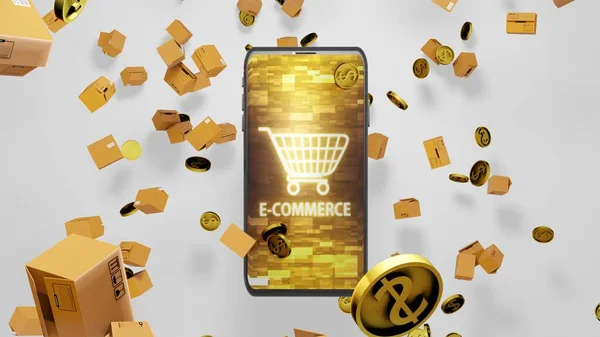 8K Çevrimiçi Alışveriş Smartphone ve Altın Dolarlık Paralar Ekranda Soyut Dijital Ekran Ver.1 ile Yere Düşüyor ve Zıplıyor