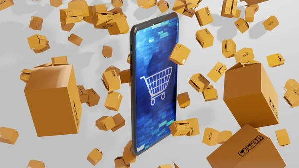 8K電子商取引3Dレンダリングスマートフォンや小包は 画面上の抽象的なデジタルディスプレイ上のショッピングカートに落ちてバージョン3 — ストック写真