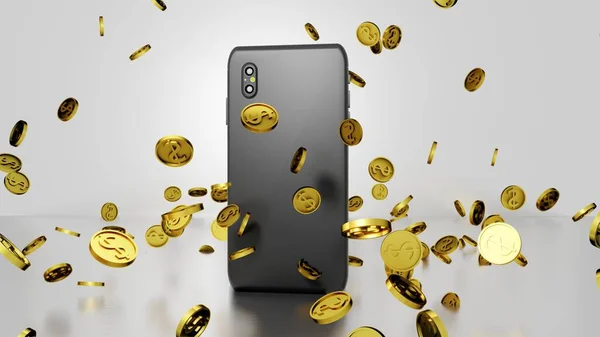Zeminde Düşen ve Zıplayan Altın Dolarlık Paralarla Siyah Telefonun Arkası 8K 3D Render