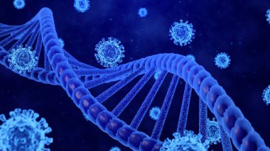 3D Rending Coronavirus / COVID-19 ve DNA Helix Modelleri Soyut Mavi Arkaplan Resminde Hareket Ediyor