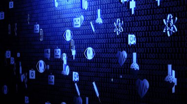 3D Tıbbi Teknoloji Simgesi Mavi Işıklandırma Vergisi 3 ile Rastgele İkili Kod Arkaplanda Uçuyor