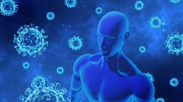 Soyut Mavi Arkaplan Resminde 3D Rending Virus / COVID-19 ve İnsan / Yapay Vücut Modeli