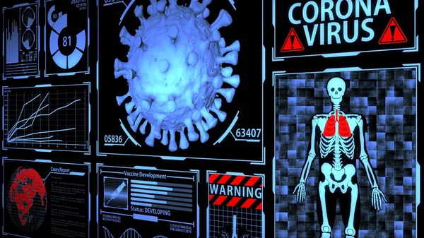 Coronavirus Covid Model Futurystycznym Cyfrowym Hud Medycznym Detekcją Epidemiczną Procesem — Zdjęcie stockowe