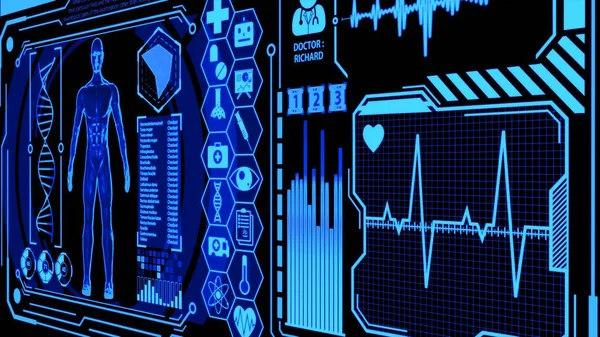 3D人类模型在医学未来主义Hud显示屏中的旋转 包括图标集 数字脑扫描 心波和更多蓝色静止图像版本 — 图库照片