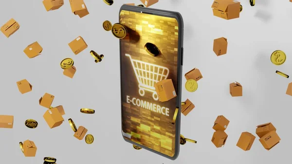 8K E-ticaret 3D render Smartphone, Parcels ve Golden Coins soyut dijital ekranda alışveriş arabasıyla birlikte