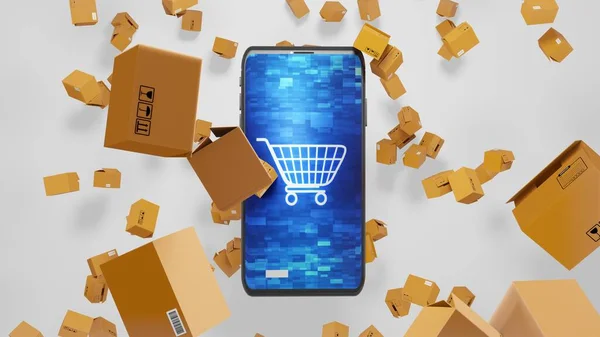 8K E-ticaret 3D render Smartphone ve Parcels Soyut Dijital Ekran Ver.1 'de Alışveriş arabasıyla yere düşüyor