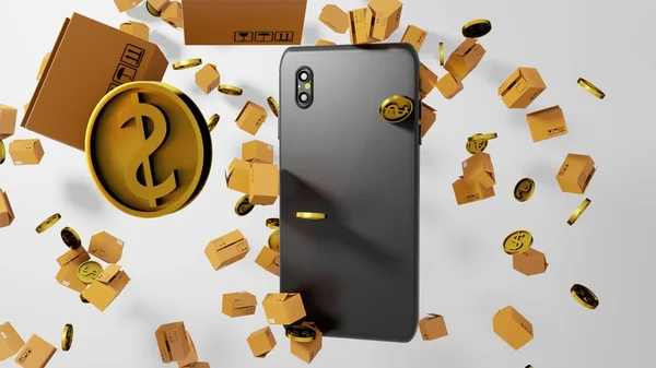8K 3D render Smartphone\'s Back View with Parcels and Golden Coins Falling down all over the Screen Background