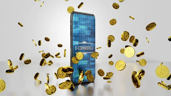 8K E-ticaret 3D render Smartphone and Golden Dollar Coins Falling and Bouncing on the Floor with Soyut Dijital Ekran Ver.3