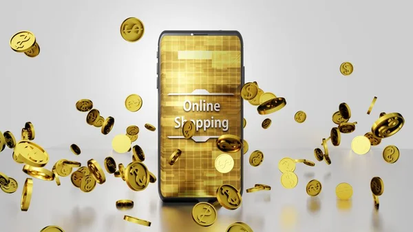 8K Çevrimiçi Alışveriş Smartphone ve Altın Dolarlık Paralar Ekranda Soyut Dijital Ekran Ver.1 ile Yere Düşüyor ve Zıplıyor