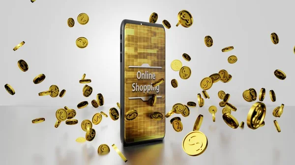 8K Çevrimiçi Alışveriş Smartphone ve Altın Dolarlık Paralar Ekranda Soyut Dijital Ekran Ver.3 ile Yere Düşüyor ve Zıplıyor