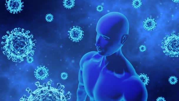 Рендеринг Coronavirus Covid Модель Тіла Людини Обертається Абстрактному Синьому Тлі — стокове відео