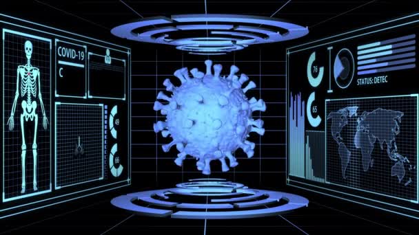 Koronavirus Covid Vykreslování Modelu Futuristické Lékařské Technologii Hud Snímačem Těla — Stock video