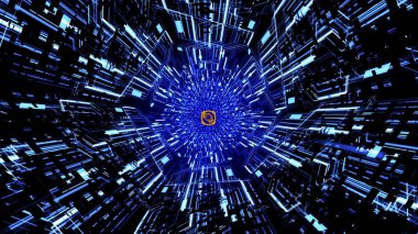 3D Soyut Fütüristik Dijital Devre Tahtası HUD Parlayan Açık Mavi Renkli Enerji Çemberleri Ver.1