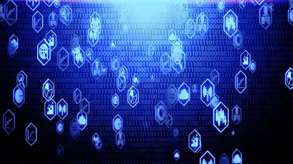 Hexagon Sınırında Mavi Işıklandırma ile Rastgele İkili Kod Arkaplanı Üzerinde Uçan 3B Büyük Veri Simgesi Ayarlandı