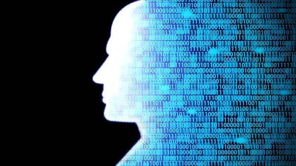 AI Head Silhouette Computing and Thinking Technology HUD including Binary Code in Black Background